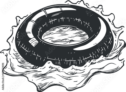 Black inflatable inner tube floating in water with splashes, representing summer fun and leisure