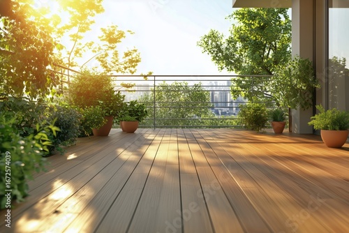 Bright Sunny Balcony With Wooden Floor and Potted Plants in a City Setting Du...