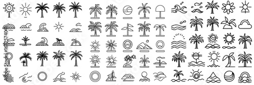 This icon set features nine minimalist palm tree designs in various styles and landscapes, making it perfect for use in branding, website design, or app development, especially for projects with