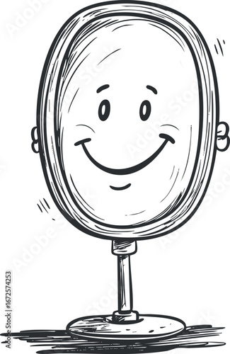 Hand-drawn illustration of a smiling face reflected in a standing mirror with a simple sketch style