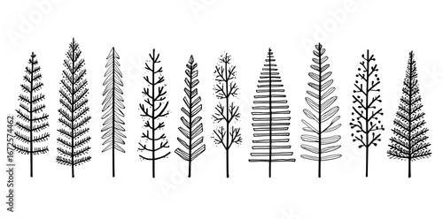 Black and white illustrations of stylized trees situated on small hills make for elegant logos, branding, or decorative elements