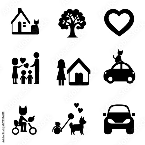 A collection of modern silhouette icons is used to represent people, pets, objects, and emotions through simple and modern visual illustrations