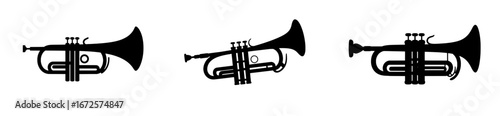 A trumpet is depicted in isolation on a black background, presented as a modern silhouette icon
