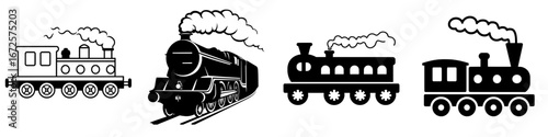 A charming black and white illustration of a train chugging along the tracks under a fluffy cloud is depicted in Train Journey, perfect for children's books, travel blogs, and more