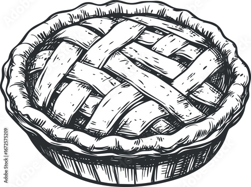 Black and white illustration of a classic homemade lattice crust pie with detailed texture