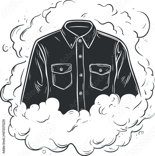 Black and white illustration of a long sleeve button down shirt with two chest pockets surrounded by smoke or clouds.