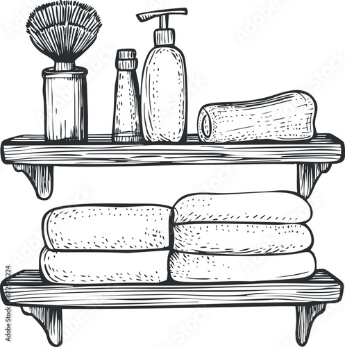 Black and white hand drawn illustration of bathroom shelves with towels, soap dispenser, shaving brush, and toiletries