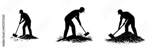 Depiction of a person hoeing the ground in silhouette form