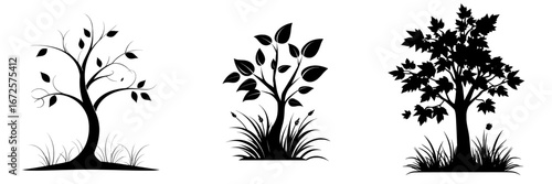 A minimalist silhouette of a tree with leaves and grass set against a white background represents growth, nature, and life in a simple yet powerful way