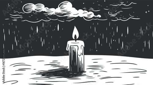 Monochrome illustration of a single lit candle standing outdoors in the rain with dark clouds above