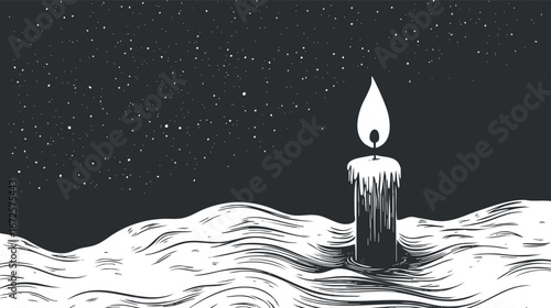 Black and white illustration of a single candle burning on waves under a starry night sky