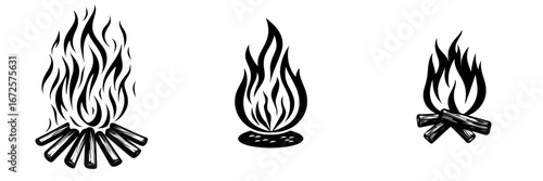 The Campfire Icon is a simple yet elegant black and white representation of a campfire, complete with flames and stars, ideal for symbolizing warmth, togetherness, and adventure