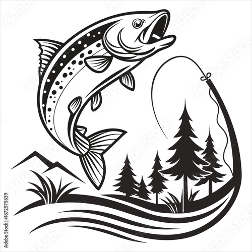 Jumping Fish with Fishing Rod and Water Splash Illustration