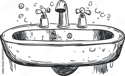 Hand drawn black and white illustration of a bathroom sink with faucet and water droplets