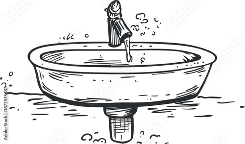 Black and white sketch of a round water sink with a faucet running water, plumbing fixture illustration