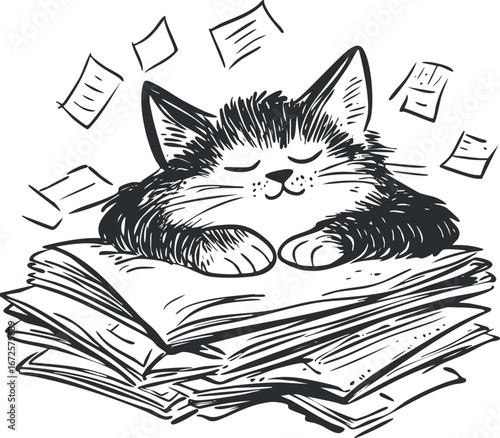 Hand-drawn illustration of a sleeping cat resting on a large stack of papers with loose sheets flying around.