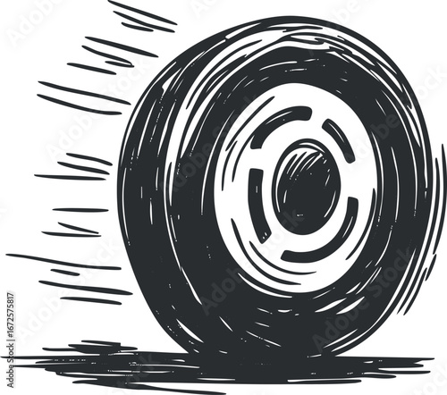 Black and white sketch of a fast spinning tire showing motion and speed on road
