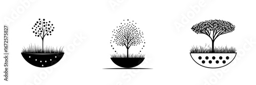 A stylized tree illustration, minimalist in style and presented in black and white, represents the concepts of growth, life, and nature, all within a circular composition that boasts a strong