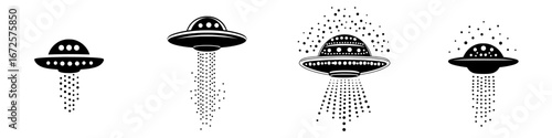 A classic, black and white silhouette of a UFO beaming down a mysterious light, hinting at an otherworldly encounter, is depicted in UFO Abduction, a design that is simple yet intriguing