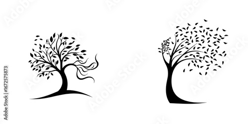 A stylized black and white illustration of a tree with bare branches and leaves blowing in the wind, titled 'Tree in the Wind', conveys resilience and growth amidst change through its simple design