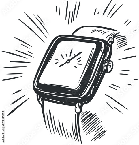 Black and white hand-drawn illustration of a classic wristwatch with an analog dial and strap