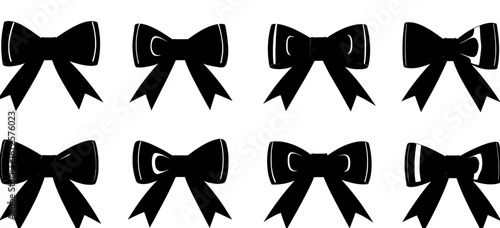 A holiday sign collection and set of black monochrome decorative ribbon bows are provided, featuring ribbon symbols and accessory logos as modern outline illustrations isolated on a transparent