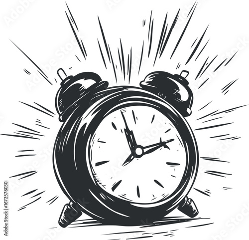 Black and white illustration of a vintage alarm clock ringing to signify time and urgency.