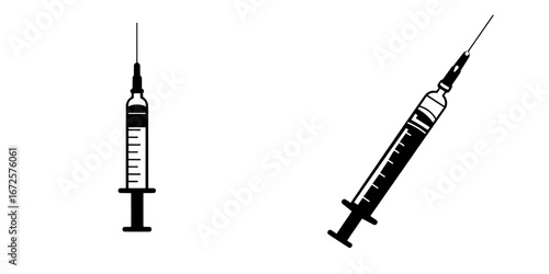 The Medical Syringe Icon features a simple yet impactful black silhouette of a medical syringe, dripping a single drop, ideal for use in medical, healthcare, and pharmaceutical related projects