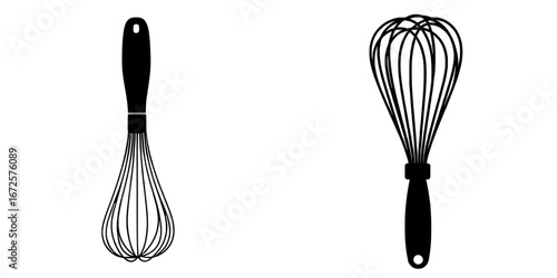 The Whisk Icon represents baking, cooking, and culinary arts through a simple yet elegant black and white modern illustration of a whisk, ideal for inclusion in menus and recipe books