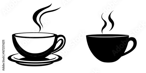A simple yet elegant black and white icon, the Coffee Break Icon features a steaming cup of coffee on a saucer, and its minimalist design lends itself well to use in various digital applications