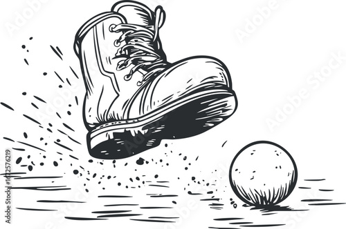 Black and white sketch of a boot kicking a ball causing mud and dirt to splash on a white background.