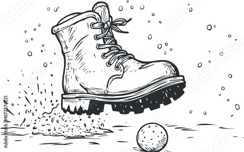 Black and white sketch of a boot splashing mud while stepping near a ball on rough ground.