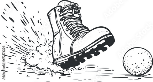 Black and white illustration of a boot kicking a ball with mud splashing from the impact