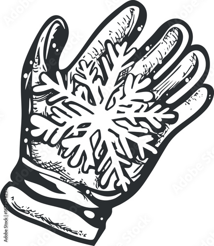 Black and white illustration of a winter glove with a large snowflake design on the palm