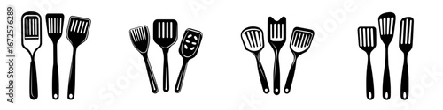 A set of kitchen utensils is depicted in simple line art, featuring a spatula, fork, and slotted spatula arranged in a neat row, ideal for culinary blogs