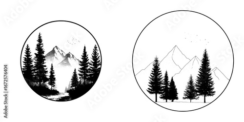 The Mountain Lake Emblem features a minimalist design with a black and white color scheme, showcasing three majestic mountains, a solitary pine tree, and a peaceful lake, all enclosed within a bold