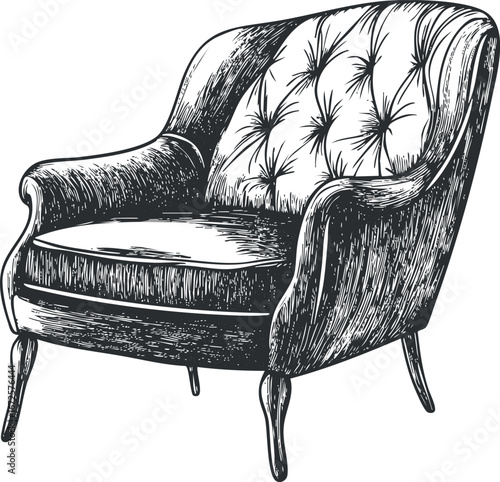 Black and white sketch of a classic tufted armchair with wooden legs and upholstered seat
