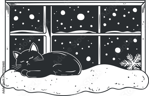 Illustration of a black cat sleeping on a windowsill with snow and snowflakes outside at night