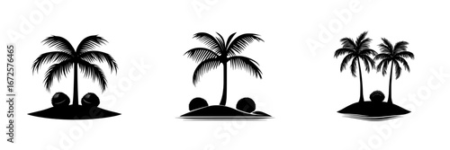 A single coconut palm tree flourishes on a small island, embodying a minimalist black and white icon that signifies escape, tranquility, and summer vacation, dubbed Tropical Paradise
