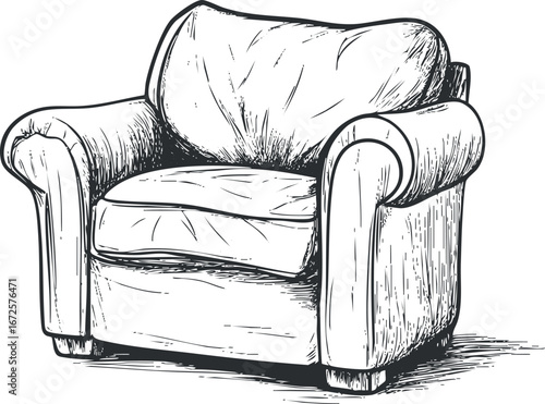 Hand drawn black and white sketch of a comfortable armchair with cushions for home interior seating