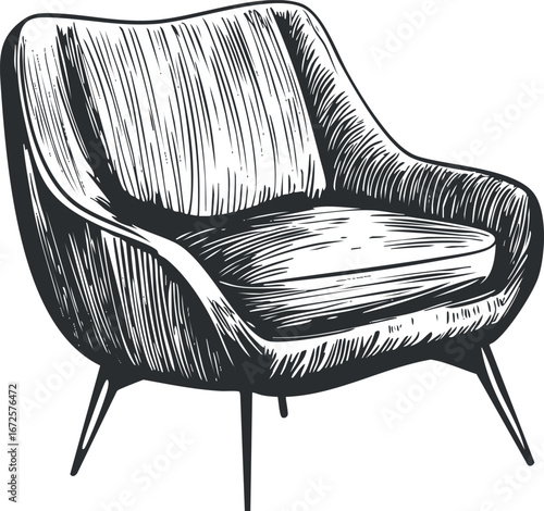 Black and white sketch of a modern armchair with cushion and tapered legs in retro style furniture