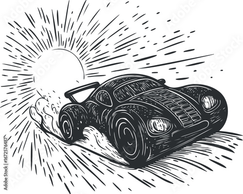 Stylized black and white illustration of a fast sports car racing with dynamic motion and sunburst effect.
