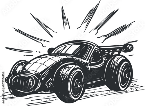 Black and white sketch of a racecar speeding on a track with dramatic motion lines