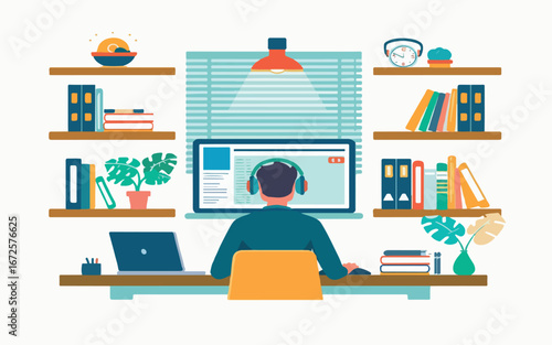 A person is studying online with headphones and a computer at their desk.