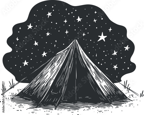 Black and white illustration of a tent set up outdoors under a starry night sky for camping and adventure