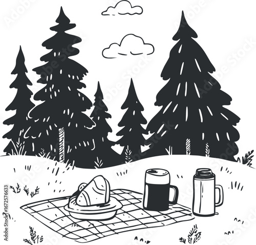 Black and white illustration of a picnic setup with sandwich and drinks on a blanket in a forest clearing with pine trees and clouds.