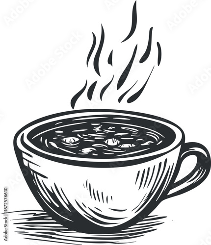 Black and white hand drawn illustration of a steaming hot cup of coffee with visible steam lines