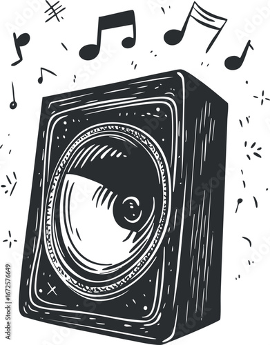 Black and white illustration of a speaker with musical notes representing sound and music