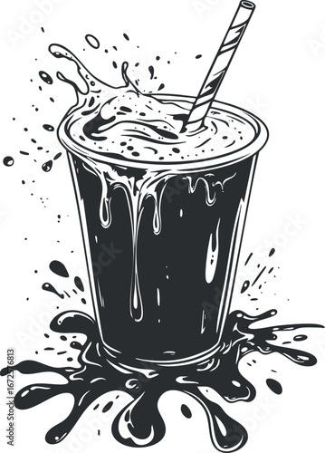 Black and white illustration of a drink in a cup with a straw splashing and overflowing liquid