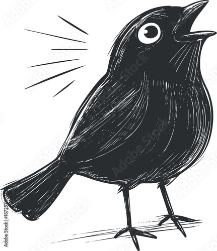 Hand-drawn blackbird illustration singing with open beak and expressive lines on white background
